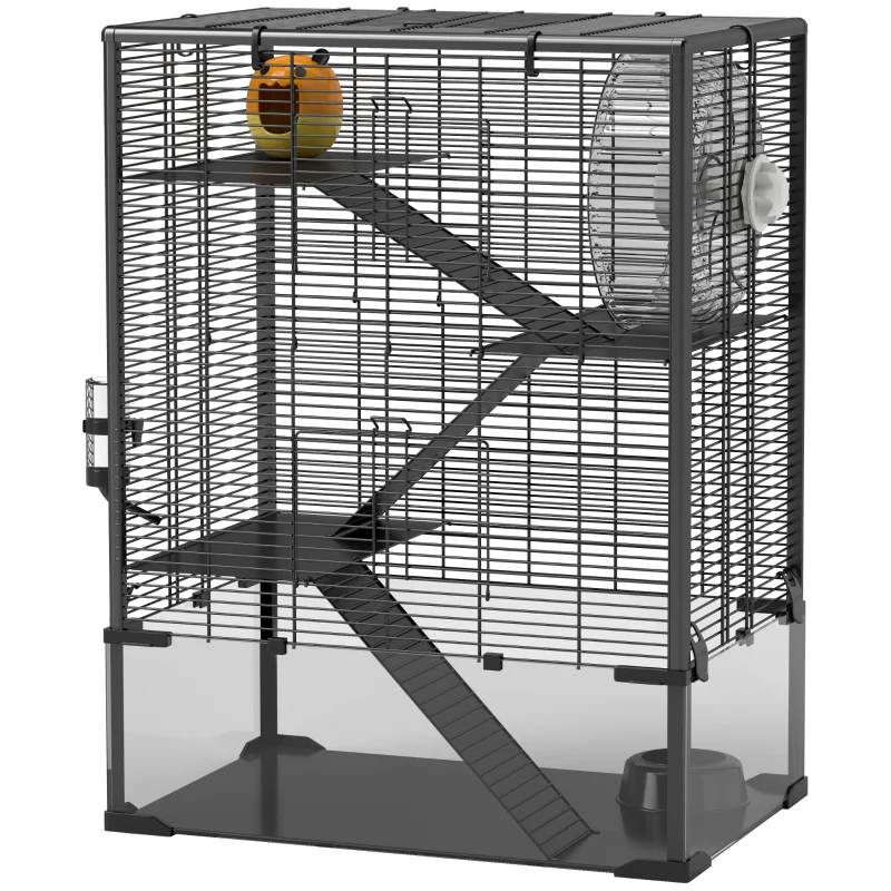 PawHut Four-Tier Hamster Cage with Deep Tempered Glass Bottom, Hut, Running Wheel, Food Dish, Water Bottle, 60 x 40 x 80cm