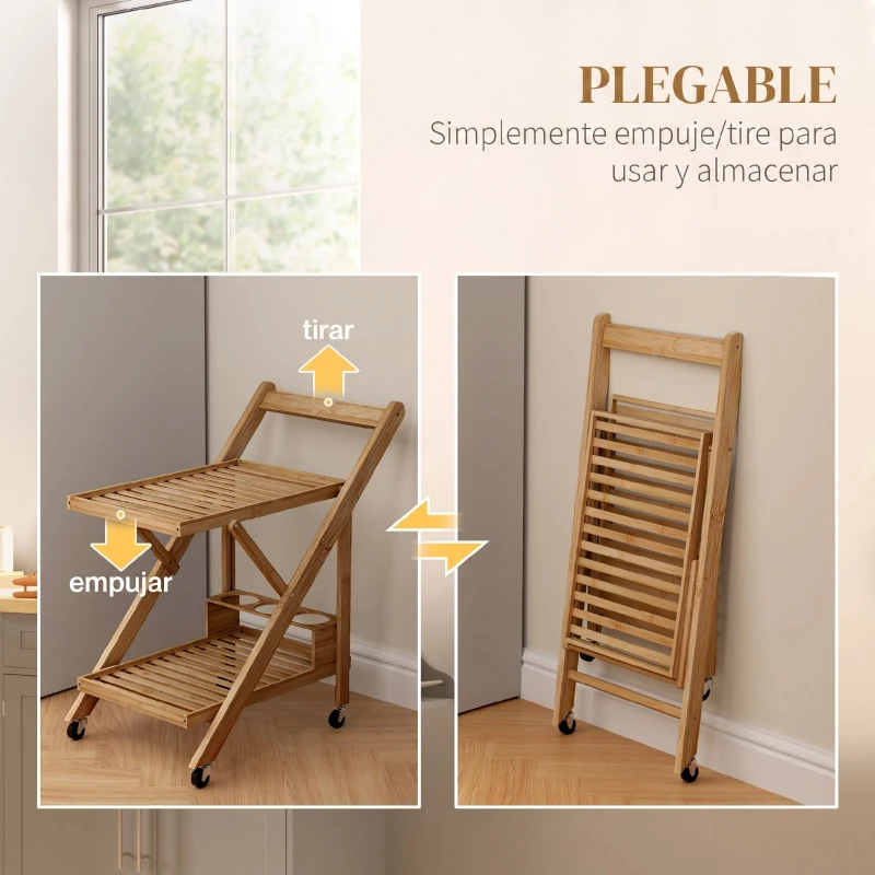 HOMCOM Carrito de Cocina de Bambú con Ruedas Carro de Cocina Plegable con Soporte para Vino 2 Estantes 66x40x70 cm Natural