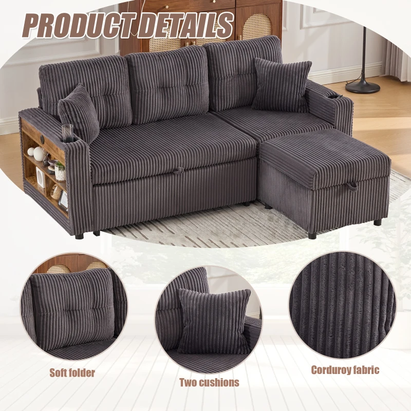 Modern Corduroy Sofa Bed with Pull-Out Bed, Storage and LED Lighting, Plush Sleeper Couch for Living Rooms, 196L × 82W × 85H cm, Dark Gray