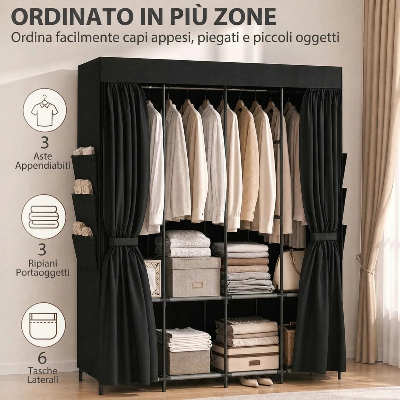 HOMCOM Armadio in Tessuto Salvaspazio con 3 Aste, 3 Ripiani, 6 Tasche Laterali, Ante Antipolvere con Zip, Nero