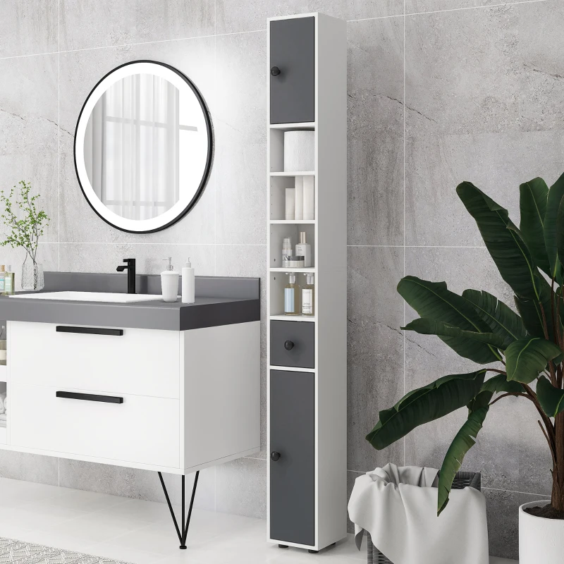 kleankin Columna de Baño con 1 Cajón 5 Estantes y 2 Puertas para Salón Dormitorio Carga 30 kg 20x20x180 cm Gris