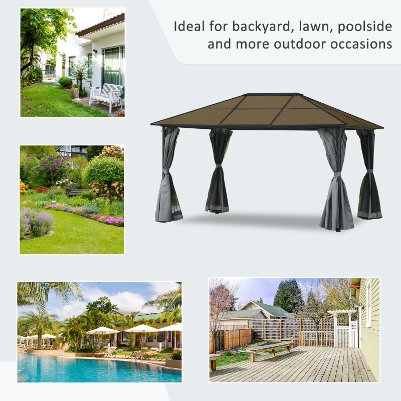 Outsunny 3 x 4m Hardtop Gazebo Canopy with Polycarbonate Roof, Aluminium Frame, Permanent Pavilion Garden Gazebo with Netting and Curtains - Grey