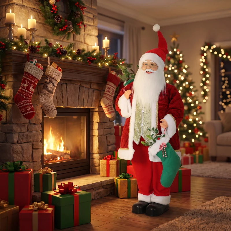 HOMCOM 4ft Life Size Singing Dancing Santa Claus, 120 cm Standing Musical Animated Santa with Stocking, Sack, Posable Arms, Handcrafted, Sound Touch Activated, Moving Christmas Figure Decor