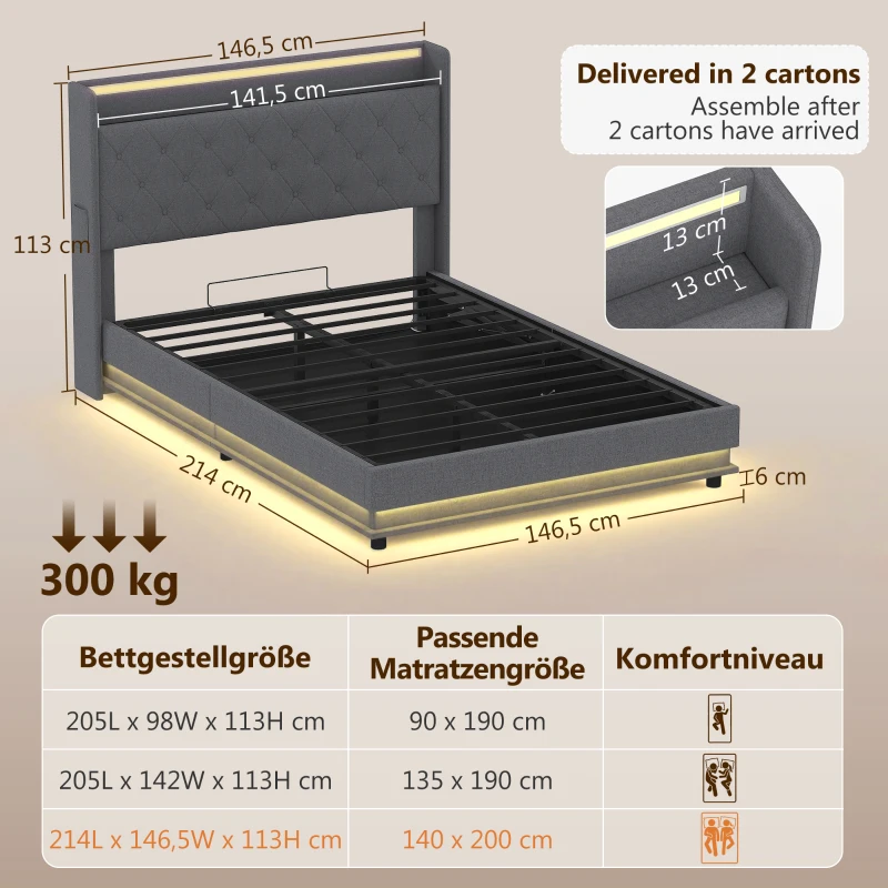 HOMCOM Bettgestell 140 x 200 cm mit Kopf- und Fußteil, Plattformbett mit hydraulischem Stauraum, LED-Lichtern
