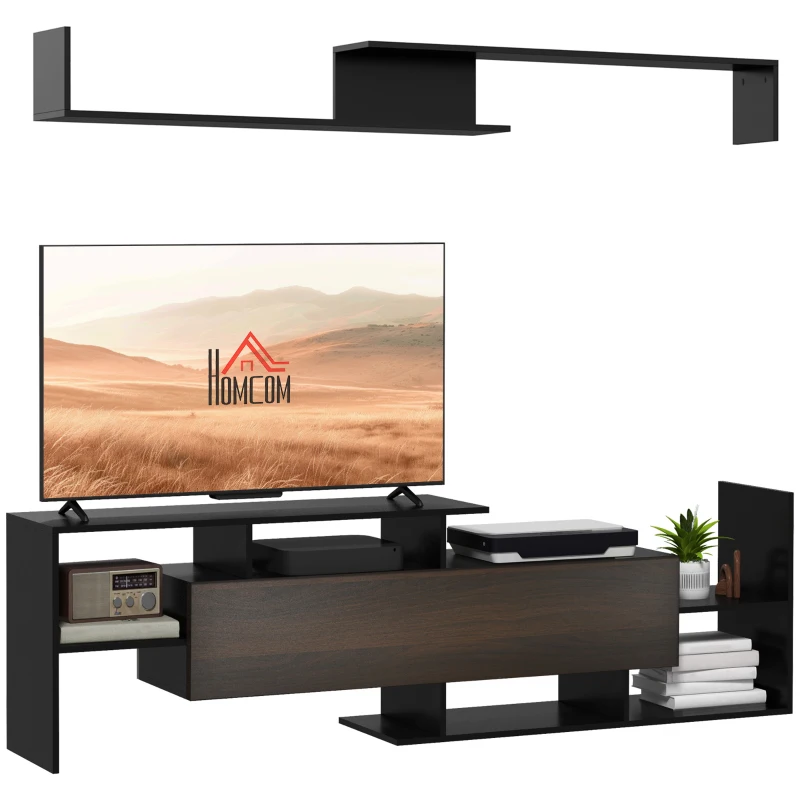 HOMCOM Ensemble meuble TV avec banc et étagère murale style contemporain 153,6L cm - noir