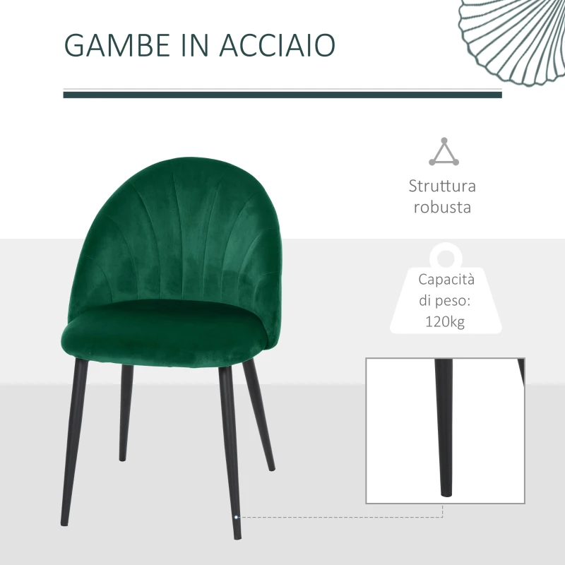 HOMCOM Set di 2 Sedie Sala da Pranzo, Sedie Cucina Moderne con Schienale a Conchiglia e Gambe in Metallo, Sedia in Velluto con Imbottita per Cucina, Camera da Letto, Ufficio e Soggiorno, Verde
