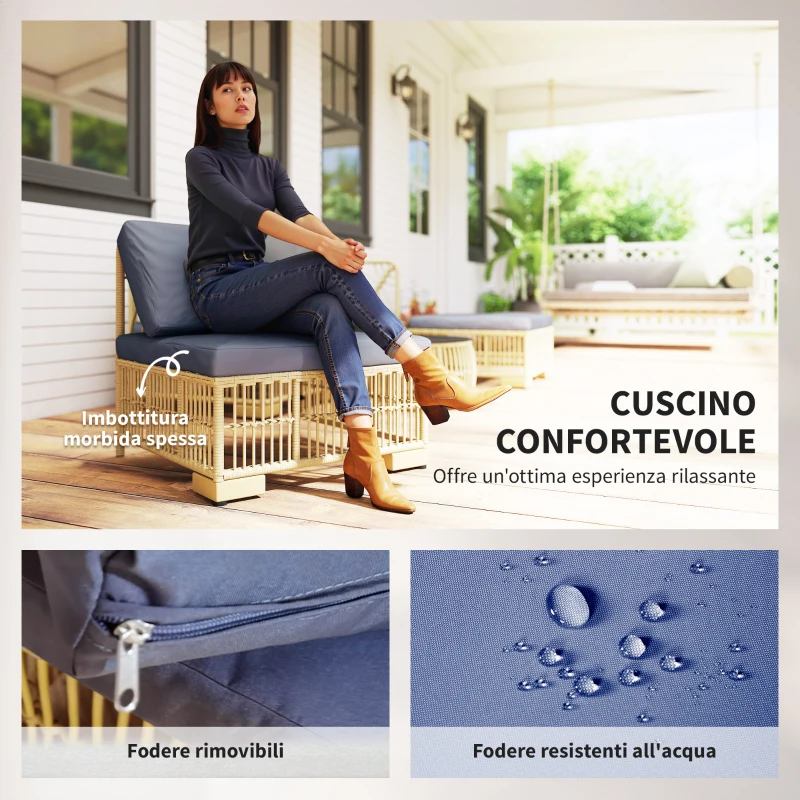 Outsunny Set Salotto in Rattan da Giardino con Divano Modulabile, Cuscini e Tavolino da Caffè, Grigio