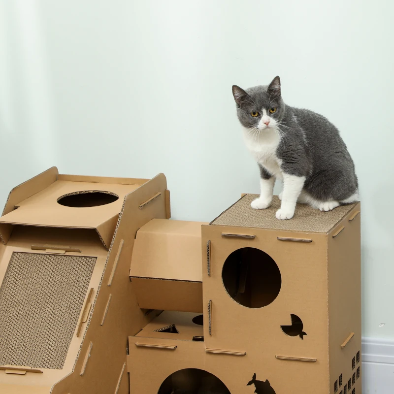 PawHut Casa para Gatos de Cartón Forma Castillo 2 Niveles con 3 Zonas de Rascado Túnel Rampa Incluye Hierba Marrón