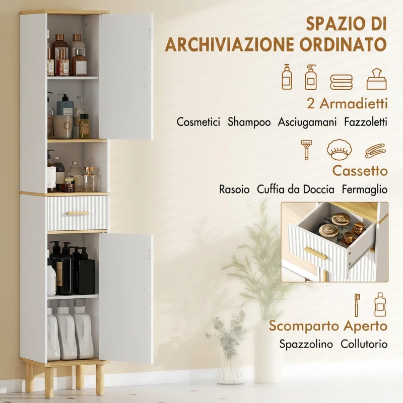 HOMCOM Armadietto 172 cm, Mobile Bagno con Cassetto e Ripiani Regolabili, Bianco