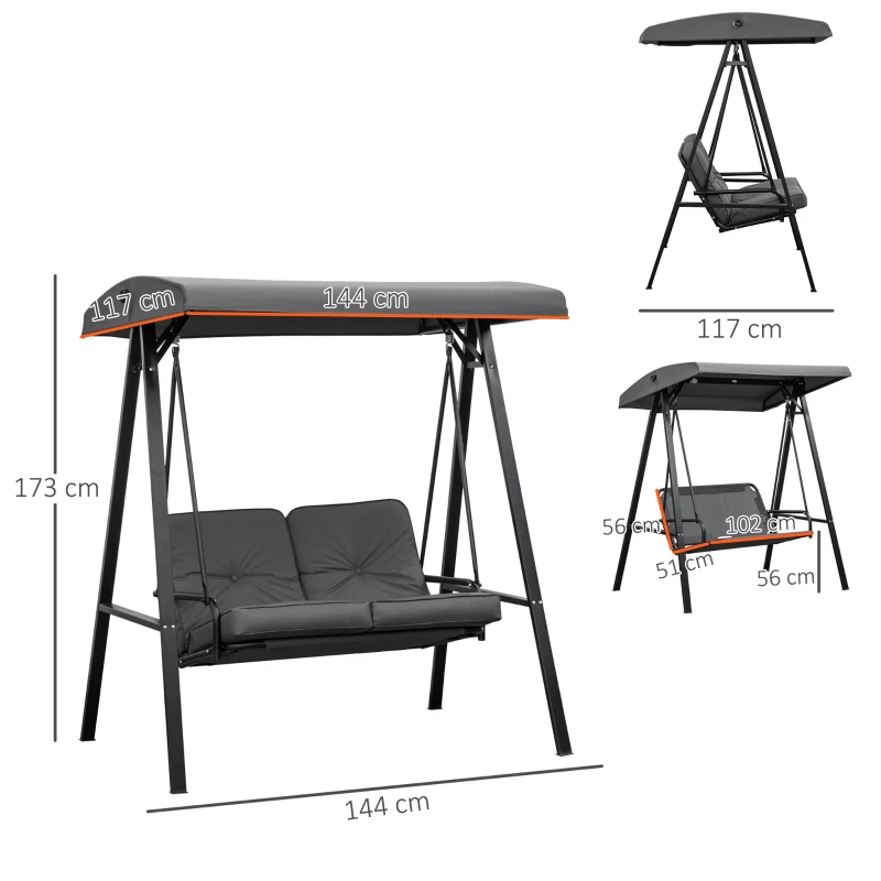 Outsunny 2 Seater Garden Swing Chair with Adjustable Tilting Canopy, Outdoor Hammock Bench with Steel Frame for Patio, 144 x 117 x 173 cm, Grey