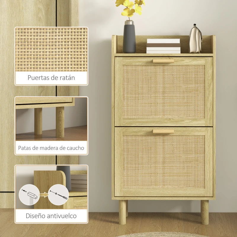 HOMCOM Mueble Zapatero Estilo Bohemio con 2 Cajones Abatibles y 1 Estante Abierto para 12 Pares de Zapatos 80x24,5x110 cm Roble