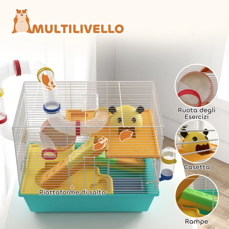PawHut Gabbia per Criceti con Ruota, Casetta, Ciotola, Rampe e Serbatoio, in Acciaio, PS e PP, 45x28x37 cm, Bianco e Azzurro
