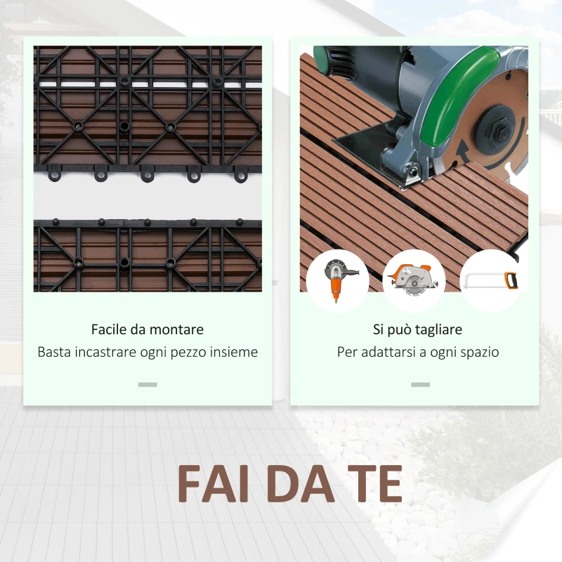 Outsunny Set 11 Piastrelle per Esterni ad Incastro Antiscivolo in HDPE Riciclato, 30x30x2.2 cm, Marrone