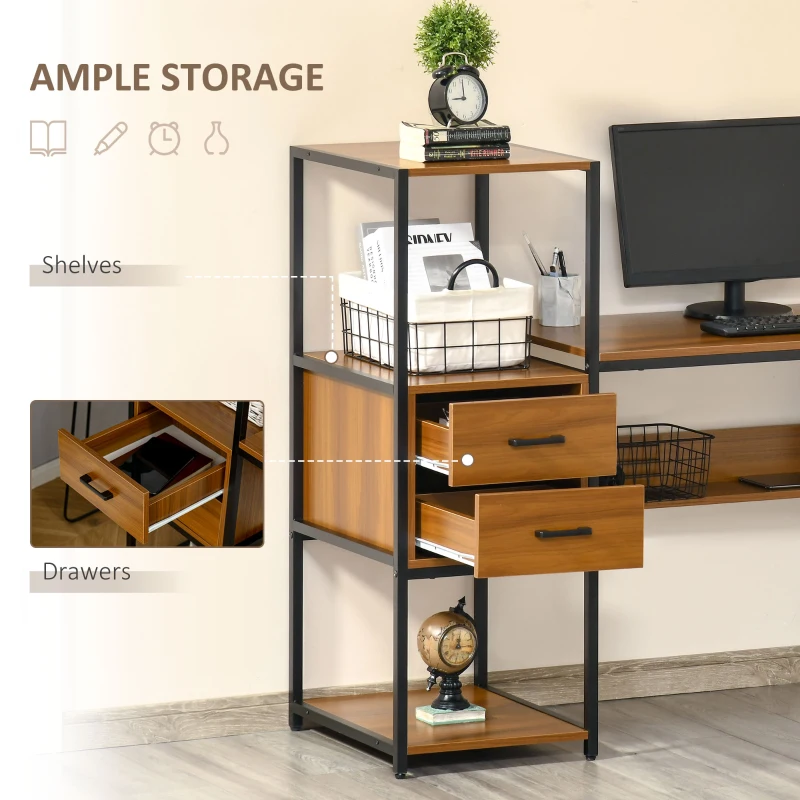 HOMCOM Industrial Computer Desk with Drawers and Storage Shelves, 140 x 50cm Home Office Desk, Study Table, Light Walnut Brown