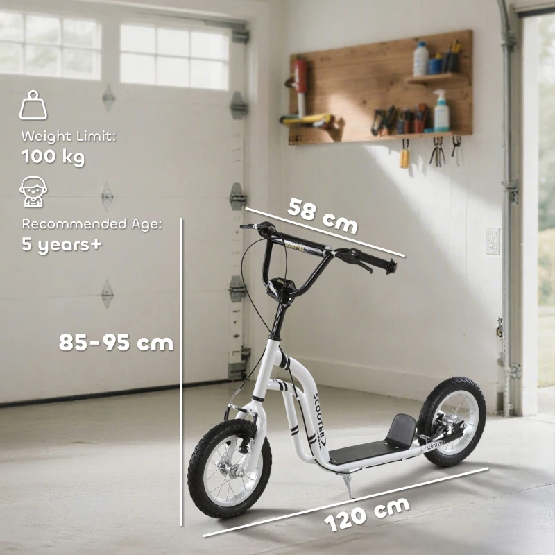 HOMCOM Monopattino con Manubrio Regolabile, Ruote Grandi, 2 Freni e Telaio in Metallo, per Bambini 5+ Anni, Max 100kg, 120x58x85-95cm, Bianco