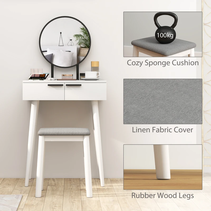 HOMCOM Modern Dressing Table with Round Mirror and Stool, Makeup Vanity Table with 2 Drawers for Bedroom, Living Room, 60 x 40 x 123 cm, White