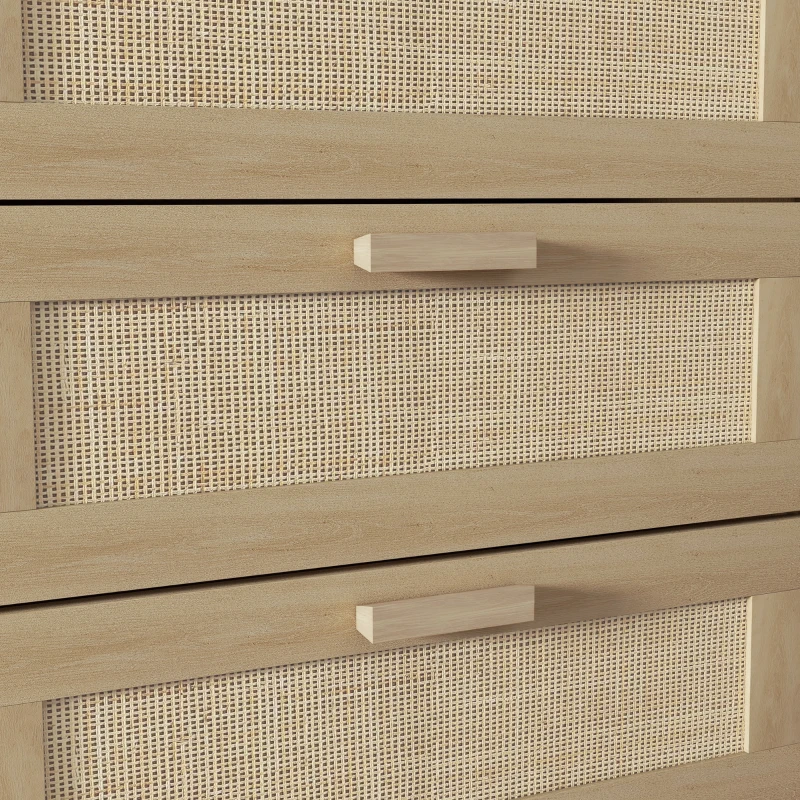 HOMCOM Cómoda para Dormitorio con 6 Cajones con Frontal de Ratán Patas de Madera Cajonera Estilo Bohemio 110x40x75 cm Roble