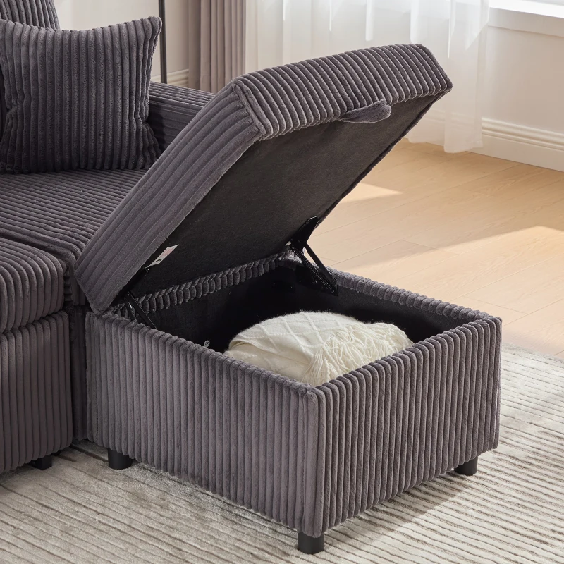 Modern Corduroy Sofa Bed with Pull-Out Bed, Storage and LED Lighting, Plush Sleeper Couch for Living Rooms, 196L × 82W × 85H cm, Dark Gray