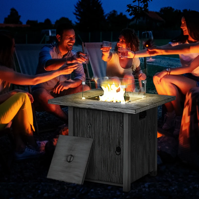 Outsunny 71cm 50,000 BTU Gas Fire Pit Table with Cover and Glass Screen - Grey