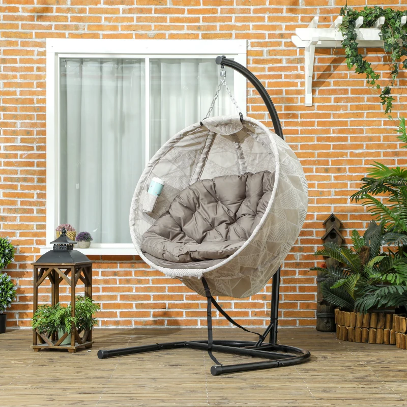 Outsunny Silla Colgante con Soporte Cesta Plegable de Malla Doble Cojín para Interior y Exterior Carga 120 kg Arena y Negro