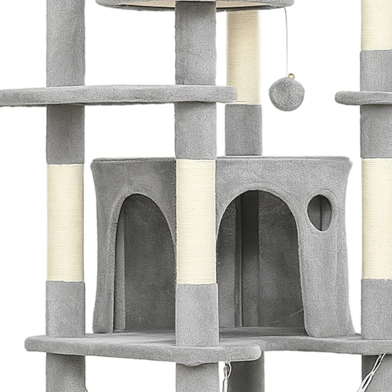 PawHut Arbre à chat tour de jeux pour chat 8 poteaux à griffer 4 plateformes 2 niches  échelle et 3 boules hauteur 192 cm gris