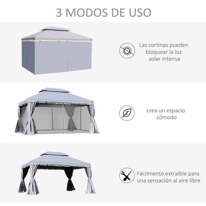 Outsunny Cenador de Jardín 4x3m Pabellón de Jardín Gazebo con Doble Techo Estructura de Aluminio UPF50+ para Exterior Gris