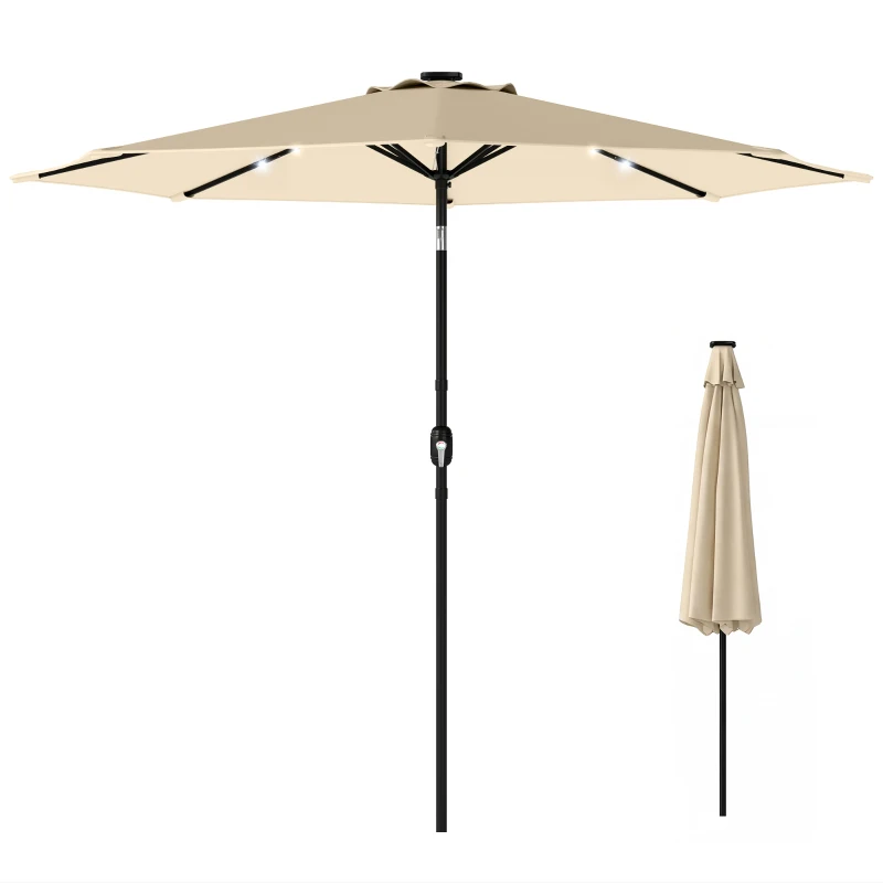 Outsunny 2.6 m Garden Parasol Umbrella with LED Solar Light, Parasol Cover, Outdoor Market Patio Umbrella, Beige