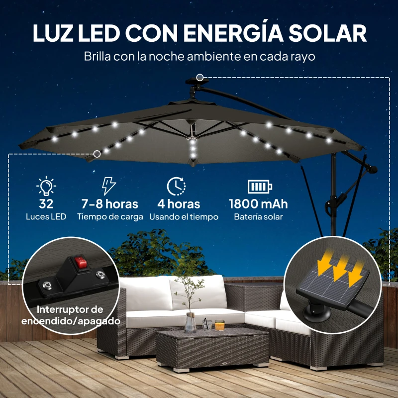 Outsunny Parasol Excéntrico con Luces LED Solares Ø345 cm Sombrilla Jardín de Aluminio con Base Cruzada Manivela Funda Gris