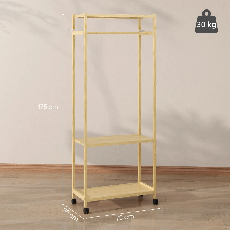 HOMCOM Stand Appendiabiti da Terra con Barra, Ripiani e 4 Ruote in Bambù, 70x35x175 cm, Legno Naturale