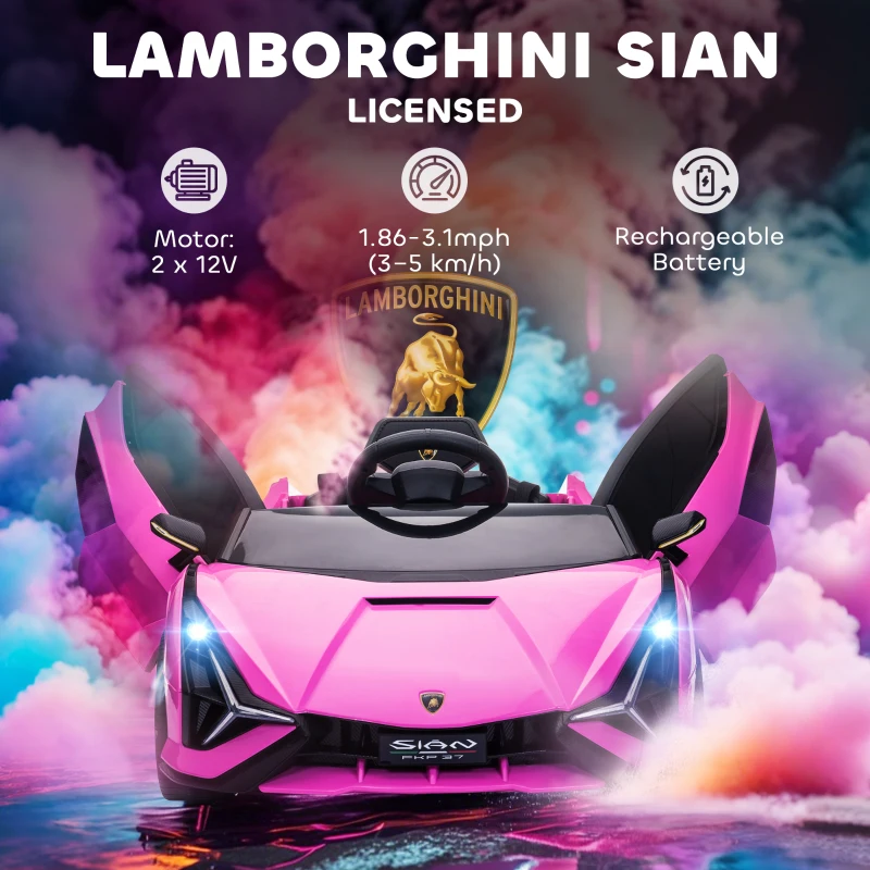 HOMCOM Lamborghini Sian Licensed Electric Car for Kids, 12V Kids Electric Ride on Car with Dual Motors, Remote Control, Pink