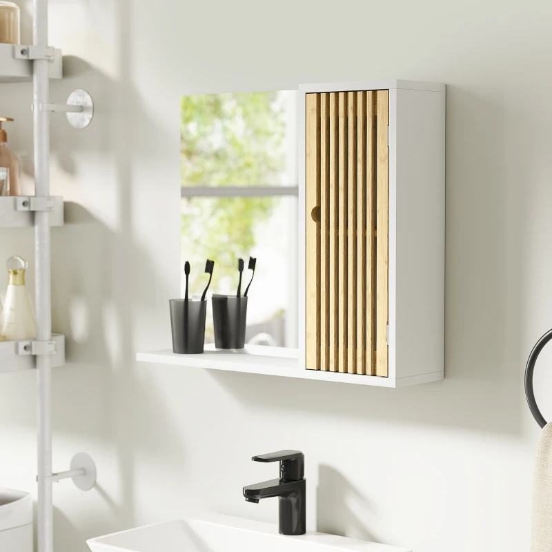 HOMCOM Espejo de Baño 60x50 cm Espejo de Pared con Puerta de Listones de Bambú Estantes de Almacenaje Blanco y Natural