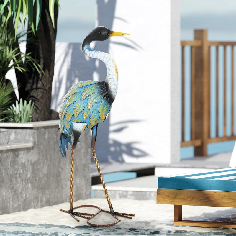 Outsunny Heron Garden Statue, Standing Garden Ornament, Metal Garden Gift with Stakes, 28 x 17 x 63 cm, Multi-Colour