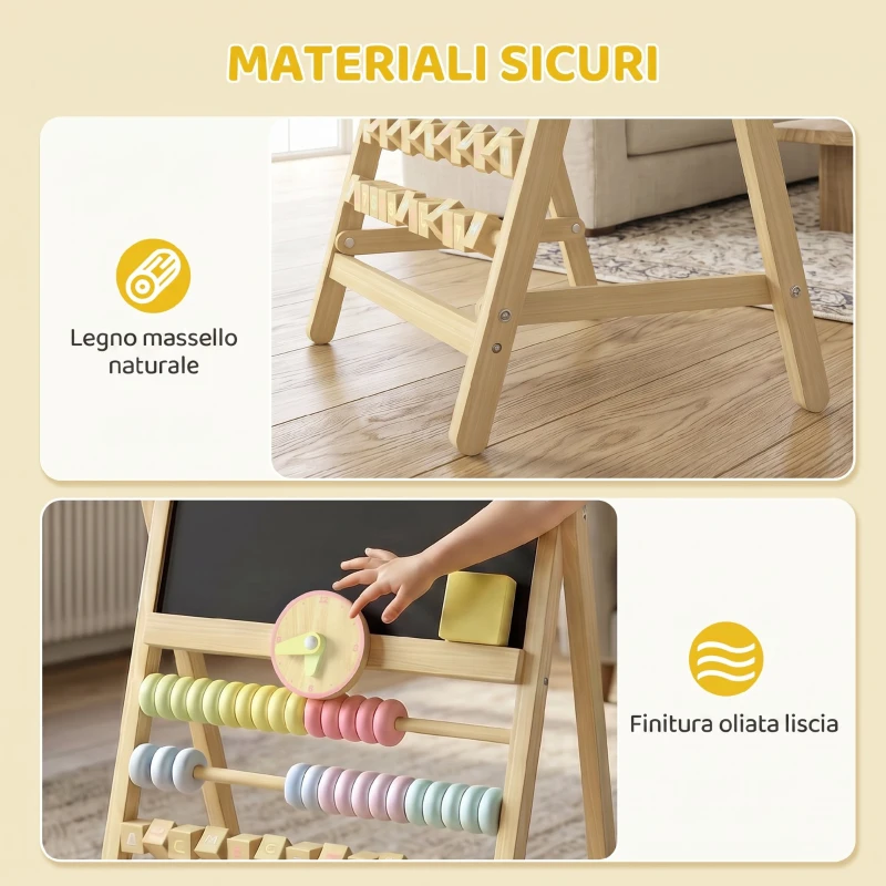 AIYAPLAY Lavagna per Bambini Cancellabile in Legno con Cavalletto, Orologio, Abaco, Cancellino, 2+ Anni, Color Legno