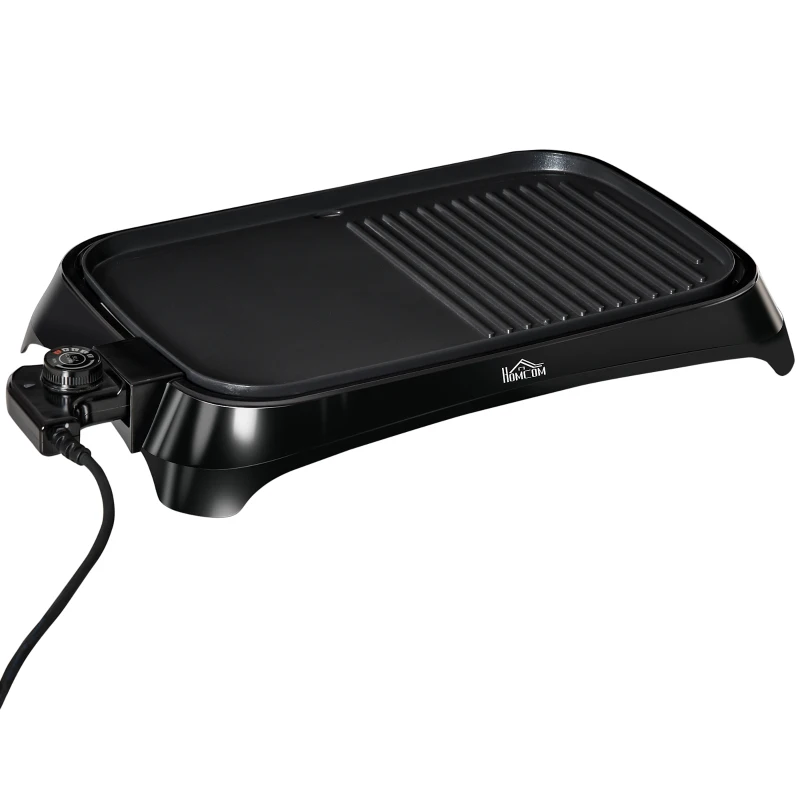 HOMCOM Plancha de Asar Eléctrica Cocina 1600W Aluminio con Temperatura Regulable Superficie de 40,6x25,2 cm Revestimiento Antiadherente y Bandeja de Goteo 53,5x31x8 cm Negro