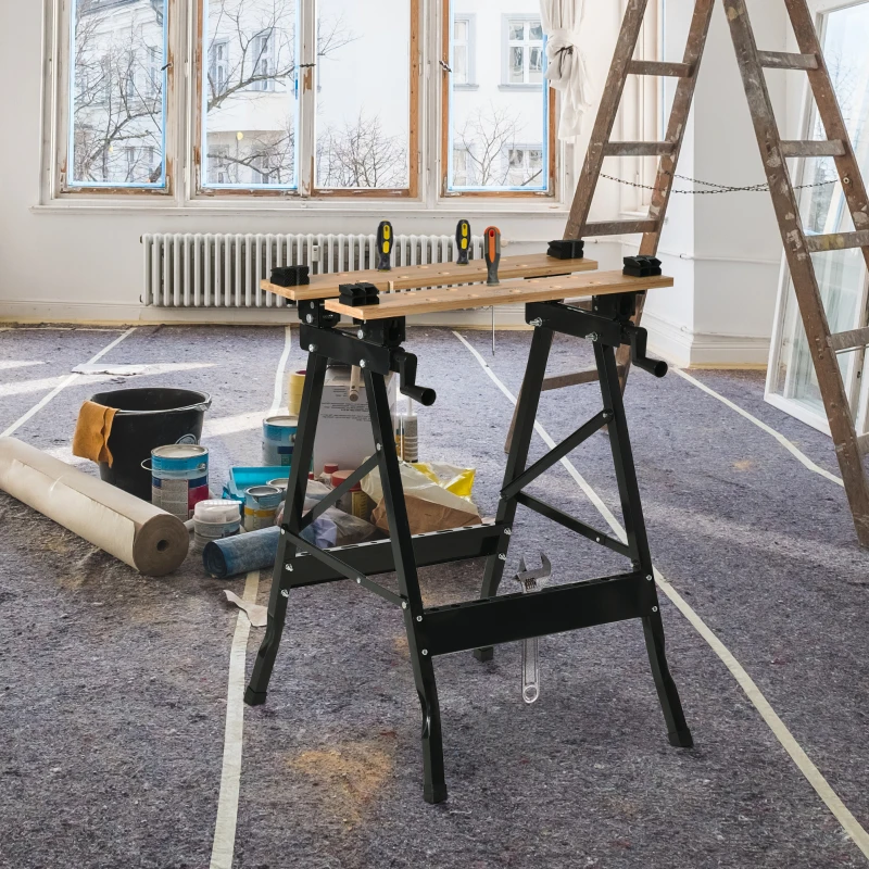 HOMCOM Banc de Lucru Pliabil cu 4 Menghine, Riglă și Unghiometru, Capacitate 150 kg, Negru și Lemn