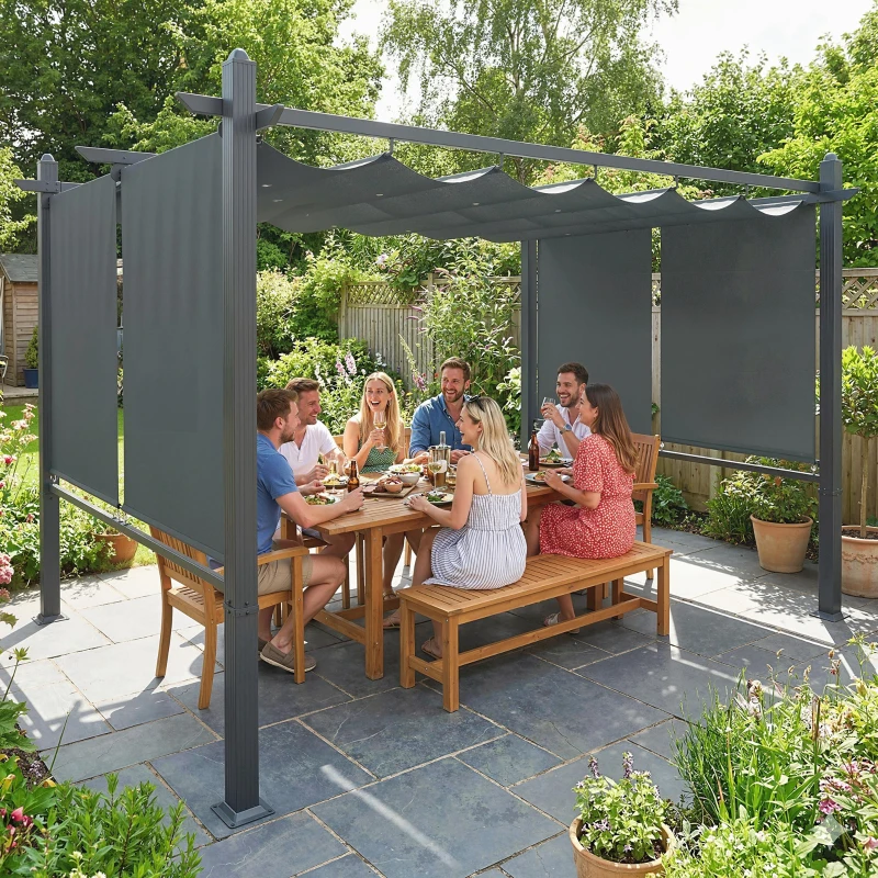 Outsunny 4 x 3 m Garden Pergola with Retractable Roof Canopy and Roll-Up Sides, Outdoor Gazebo Pergola Kit, Dark Grey