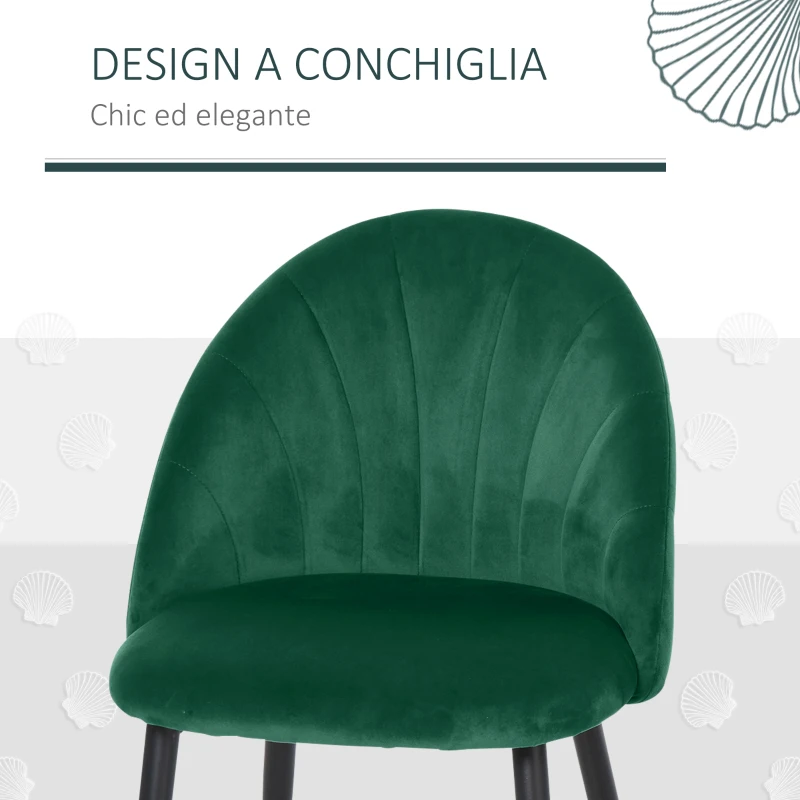 HOMCOM Set di 2 Sedie Sala da Pranzo, Sedie Cucina Moderne con Schienale a Conchiglia e Gambe in Metallo, Sedia in Velluto con Imbottita per Cucina, Camera da Letto, Ufficio e Soggiorno, Verde
