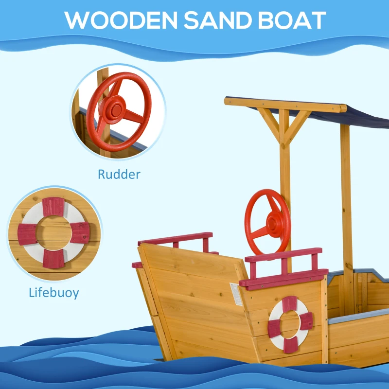 Outsunny Sand Pit, Kids Wooden Sandbox Pirate Ship, Sandboat Play Station with Canopy Shade, Storage Bench and Bottom Liner for Outdoor Garden