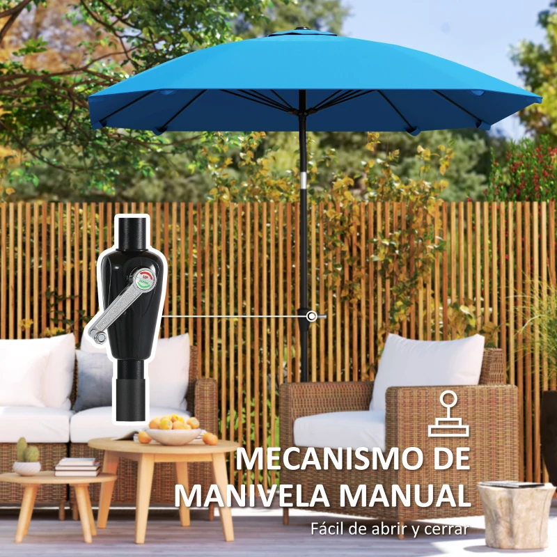 Outsunny Sombrilla de Jardín 233x233 cm Ángulo Ajustable Impermeable Poste de Aluminio Varillas de Fibra de Vidrio Manivela Azul