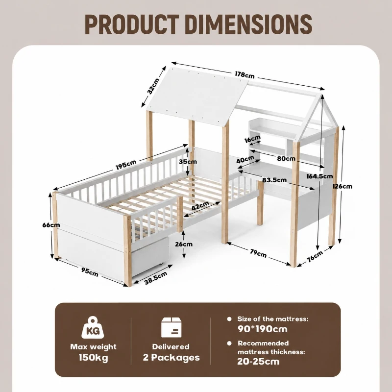 Modern House-Shaped Kids Bed Frame with L-Shaped Desk, Solid Wood Loft Bed with Roomy Rolling Drawers, 195L x 90W x 164.5H cm, White