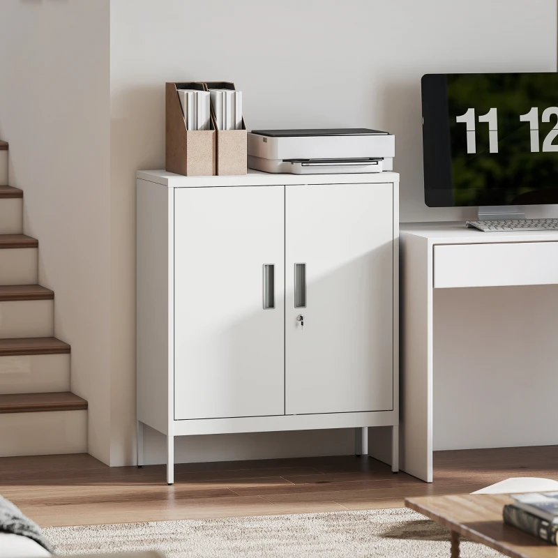 HOMCOM Armadietto da Ufficio in Acciaio a 2 Ripiani Regolabili con Serratura e 2 Chiavi, 80x40x100 cm, Bianco