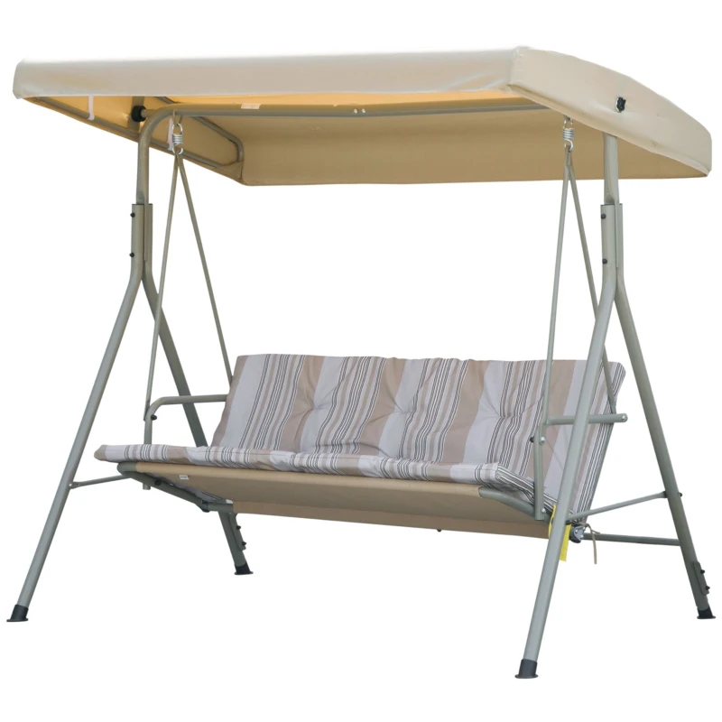 Outsunny Balancín de Jardín Exterior Columpio de 3 Plazas con Toldo Ajustable y Marco de Acero 172x110x156 cm Marrón Claro