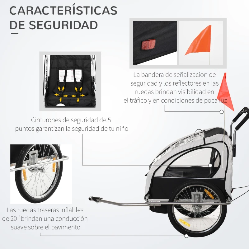 HOMCOM Remolque de Bicicleta para Niños de 2 Plazas con Amortiguadores y Barra 142x85x105 cm Blanco