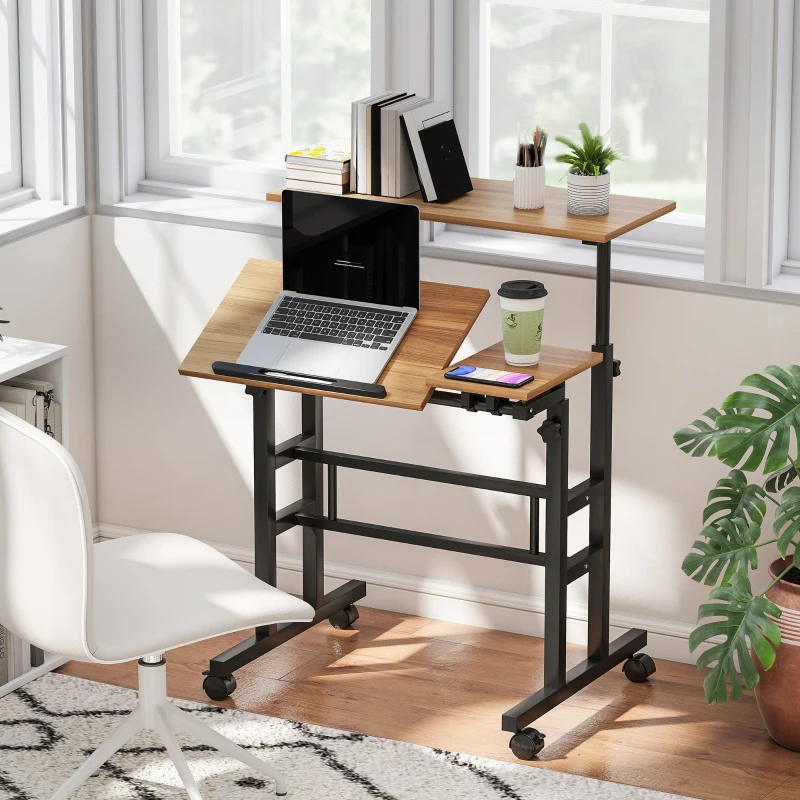 HOMCOM Bureau assis debout bureau réglable en hauteur 70 x 60 cm à roulettes avec plateau inclinable cadre en métal marron
