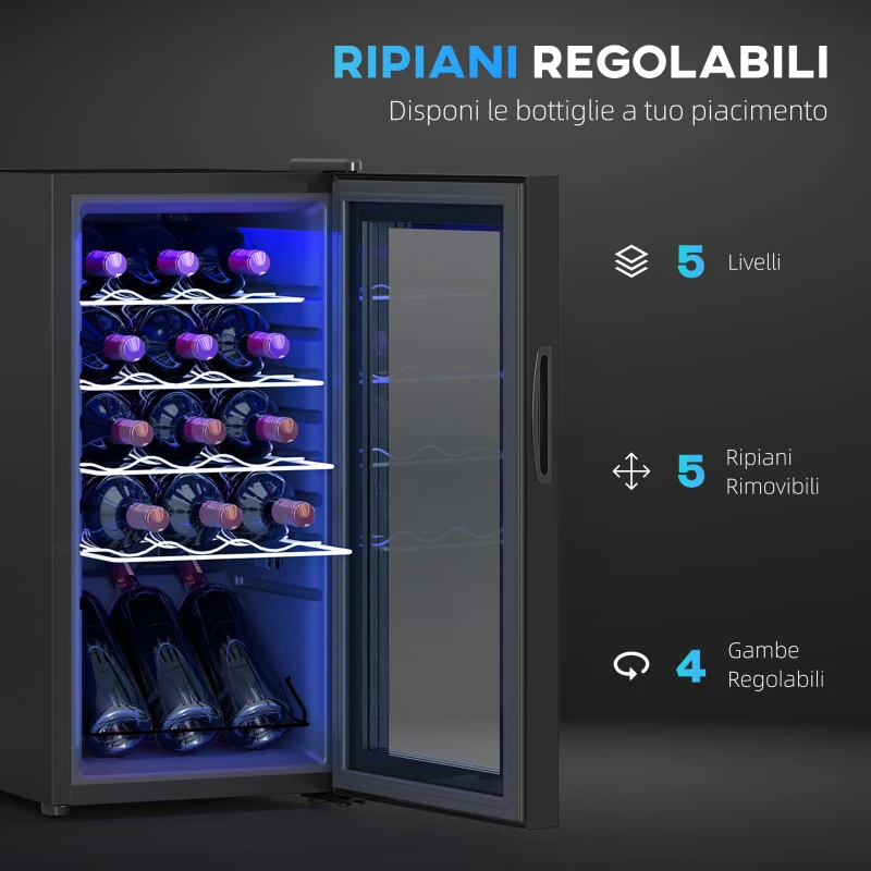 HOMCOM Cantinetta Vino Frigo per 15 Bottiglie, Capacità 44L, con Controllo Temperatura e Ripiani Regolabili, Nero