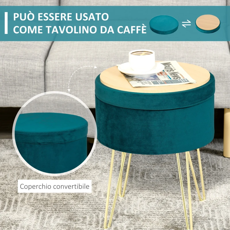 HOMCOM Pouf Contenitore 2 in 1 Uso Sgabello o Tavolino in Legno e Velluto Verde