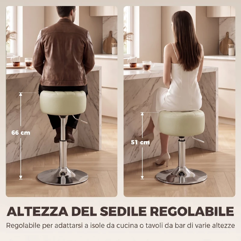 HOMCOM Sgabello da Bar in Pelle PU con Altezza Regolabile, Seduta Girevole a 360° e Morbida, Bianco