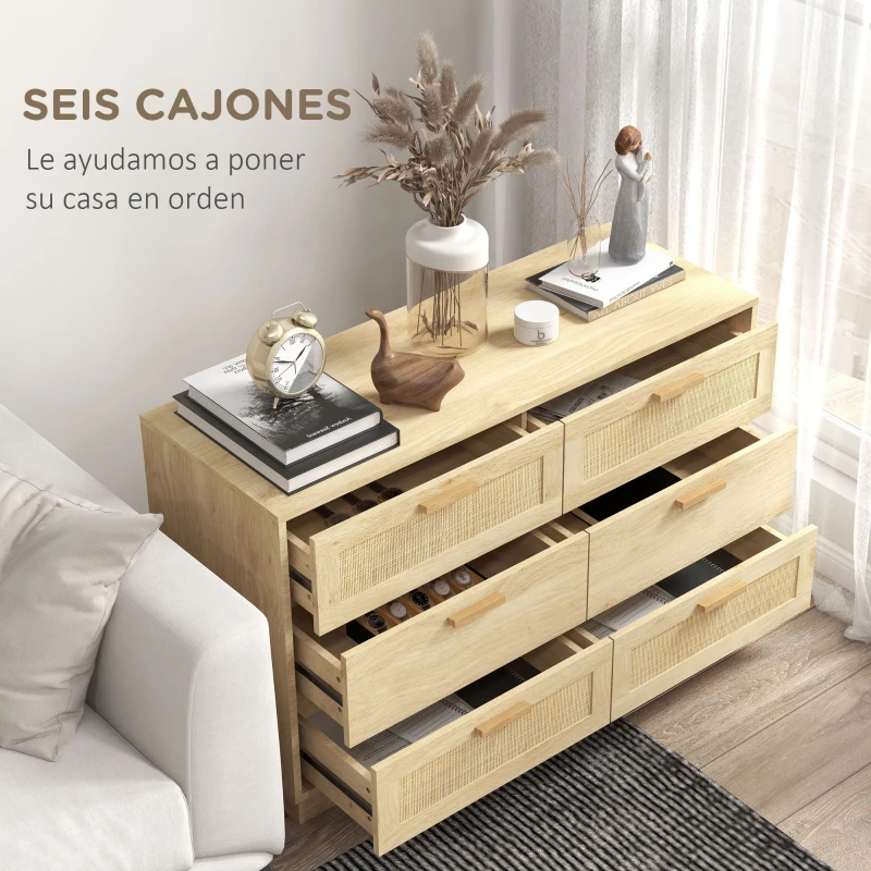 HOMCOM Cómoda de Madera con 6 Cajones de Rejilla de Ratán Estilo Bohemio Mueble Cajonera para Salón Oficina 110x40x69 cm Roble
