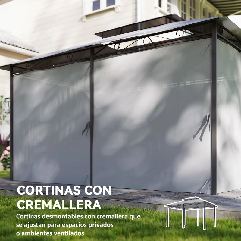 Outsunny Cenador para Jardín 3x4 m Pabellón de Jardín Gazebo con Doble Techo 6 Paredes Laterales Estructura Metálica Gris Oscuro