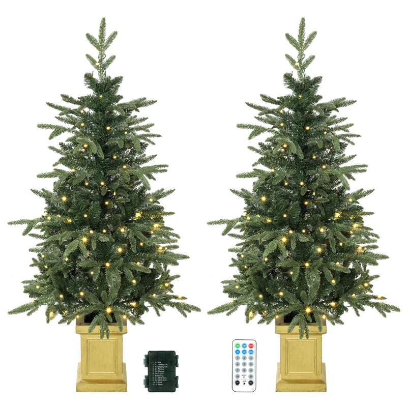 HOMCOM Set of 2 Prelit Christmas Trees with Dual-Colour LEDs, Remote, 4ft Artificial Aspen Fir Battery-Operated, 11 Modes, Pot